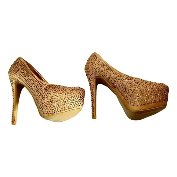 Sarah Chole Gold Stiletto Heels Glitter Shoes Sz  8 M 5 inch Platform - Picture 5 of 11